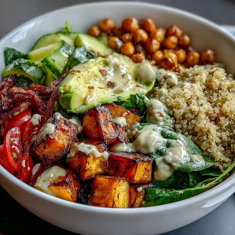 A close-up of a nutritious Buddha Bowl features crunchy roasted chickpeas, purple cabbage, and spinach, all drenched in a savory garlic tahini sauce.