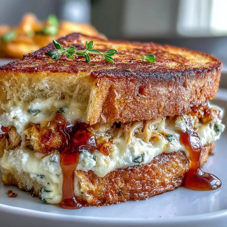 Melted goat cheese and juicy shredded chicken peek from inside buttery sourdough slices of a grilled cheese.