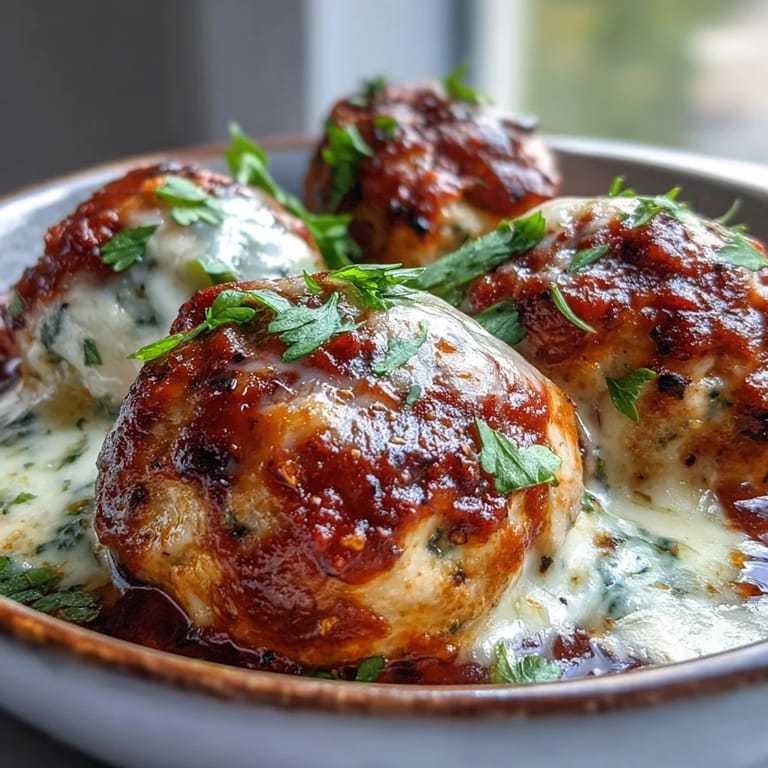 Fresh parsley garnish and red pepper flakes on these spicy chicken meatballs ready for serving.