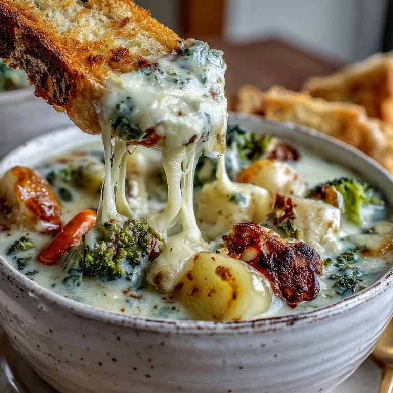 Fresh vegetables simmer in Creamy Garlic Parmesan Veggie Soup, served with garlic toast for a comforting vegetarian dinner.