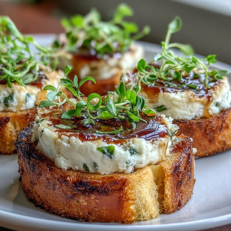 Toasted bread with herbed goat cheese spread, drizzled with vibrant hot honey and fresh thyme garnish.