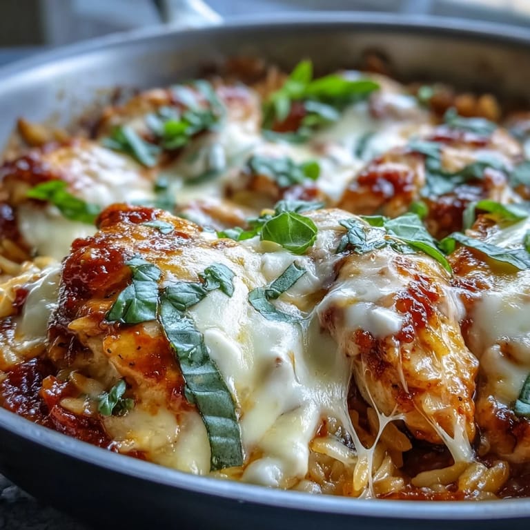 A close-up of One-Pan Creamy Chicken Lasagna Orzo served with a side salad and garlic bread, garnished with fresh basil.