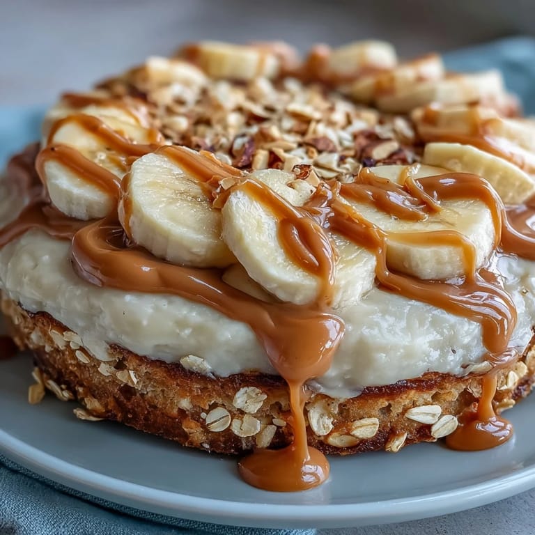 Morning sunlight highlights the golden baked protein pancake base of this High-Protein Breakfast Pizza Bowl topped with banana slices.