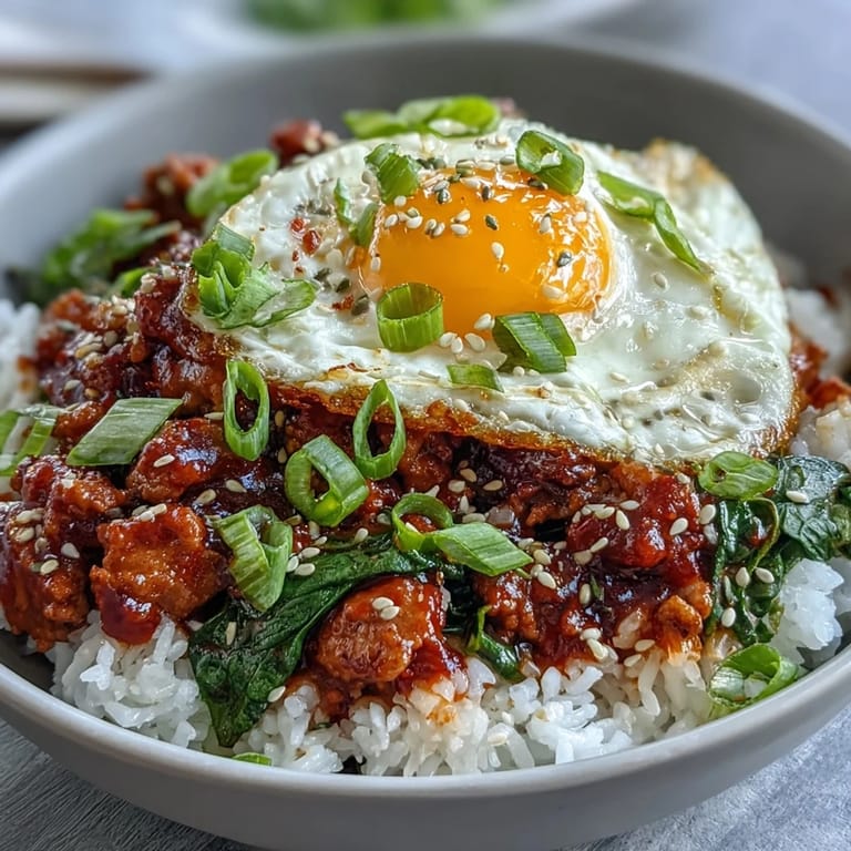 A fluffy bed of white rice is topped with a halved jammy egg and green onions.