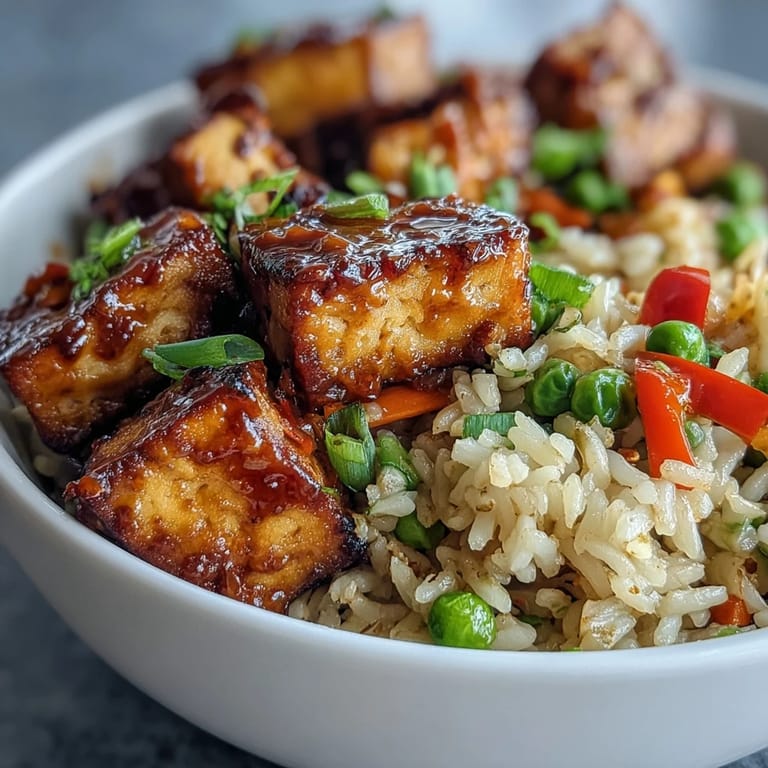 Vegetarian crispy tofu fried rice garnished with toasted sesame seeds and fresh green onions, steaming hot on a plate ready to serve.