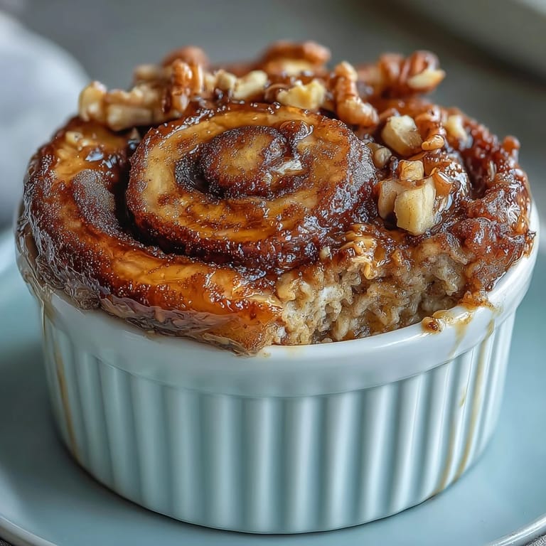 A single serving of warm, fluffy Cinnamon Swirl Protein Banana Baked Oats topped with maple syrup and chopped walnuts on a wooden table.