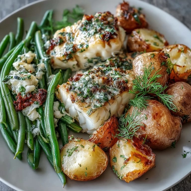 Baked Garlic Herb Butter Cod with Green Beans and Baby Potatoes - a wholesome, easy-to-make meal with buttery cod, crisp vegetables, and golden roasted potatoes.