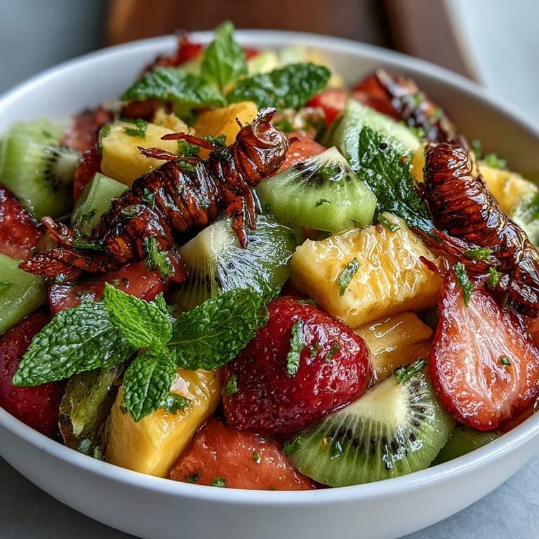 Close-up of Tropical Fruit Salad with Mint Lime Dressing, showcasing colorful tropical fruits tossed in a bright, tangy dressing, perfect for summer gatherings.