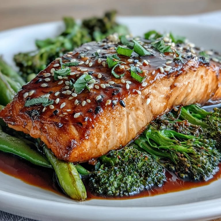 A colorful one-pan dinner featuring tender salmon, vibrant broccoli florets, and snap peas tossed in homemade teriyaki glaze for a healthy, flavorful meal.  