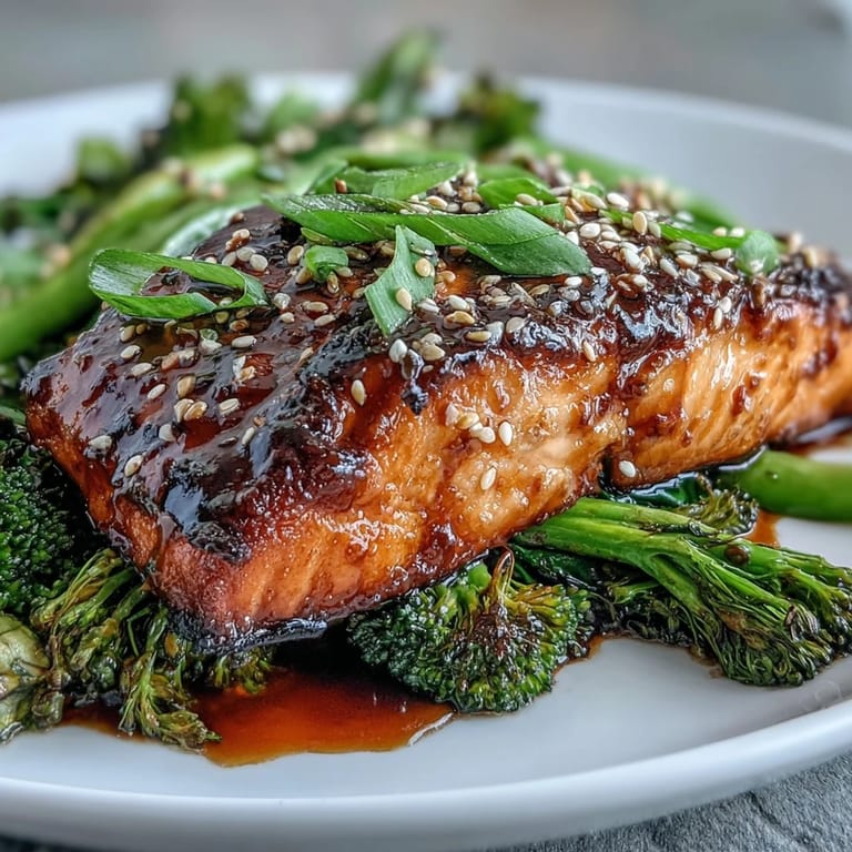Asian-inspired sheet pan dinner with flaky salmon, fresh snap peas, and roasted broccoli, all coated in rich teriyaki sauce for an easy weeknight favorite.