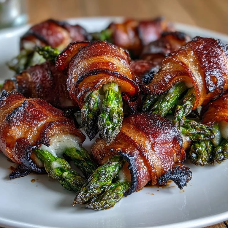 Crispy bacon-wrapped asparagus bundles topped with melted Parmesan, offering a rich, satisfying flavor in every bite.