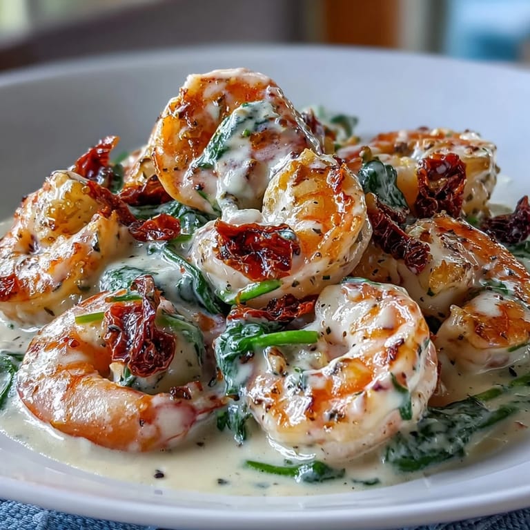 Tender shrimp in a rich, garlicky Parmesan cream sauce with vibrant spinach and sun-dried tomatoes, served over low-carb zucchini noodles.  