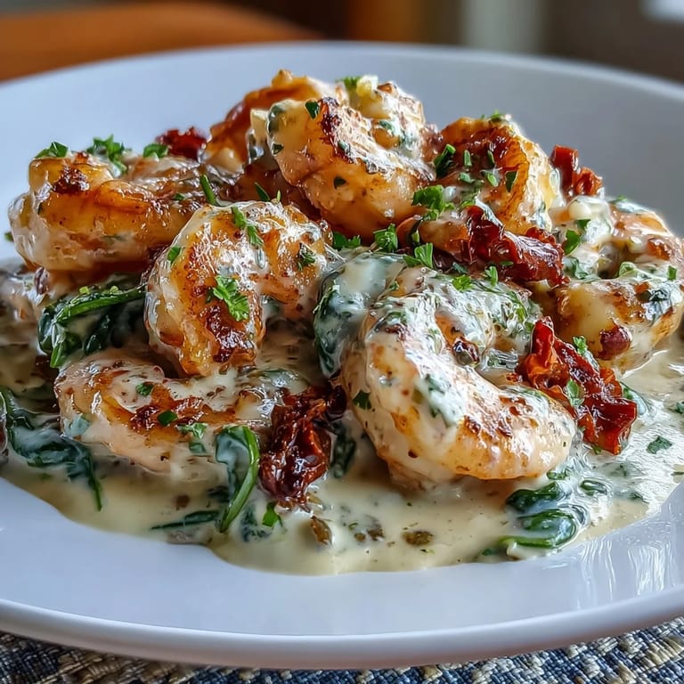 Flavorful keto Tuscan shrimp with zucchini noodles, featuring succulent seafood in a creamy garlic sauce with Italian herbs and fresh greens.