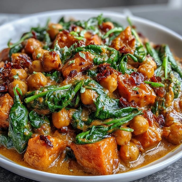 One-pan vegan curry with chickpeas, sweet potato, and spinach simmered in fragrant coconut milk for a comforting meal.  