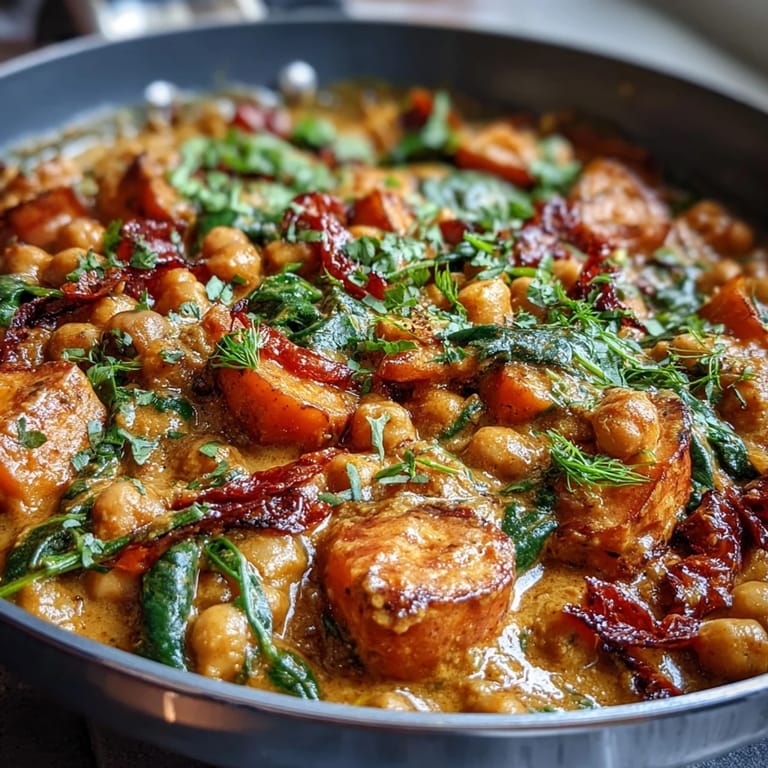 Fragrant Indian-inspired chickpea curry with sweet potato and spinach in a luscious coconut sauce, garnished with cilantro and lime.