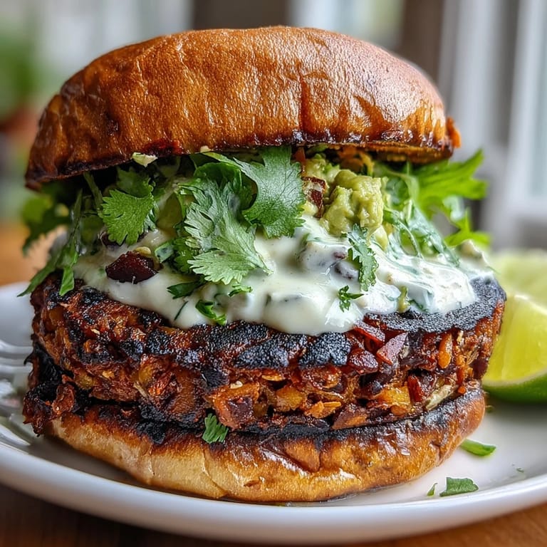 Plant-based sweet potato black bean burgers with zesty avocado lime sauce, garnished with fresh lettuce and red onion.