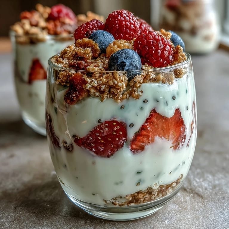 Creamy Greek yogurt topped with juicy mixed berries and a golden granola crumble in a quick, healthy breakfast parfait.