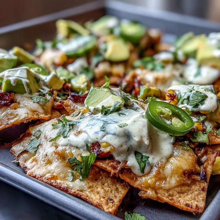 Vibrant sheet pan nachos piled high with colorful veggies, tangy salsa verde, and a rich, dairy-free cashew queso drizzle.