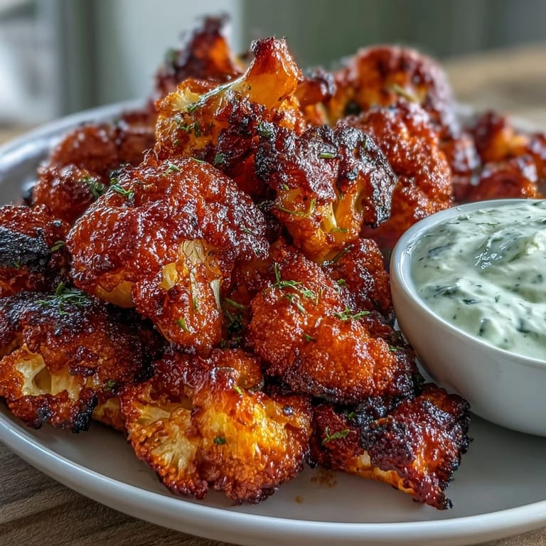 Spicy roasted cauliflower florets tossed in hot sauce, served with tangy herb yogurt dip.  