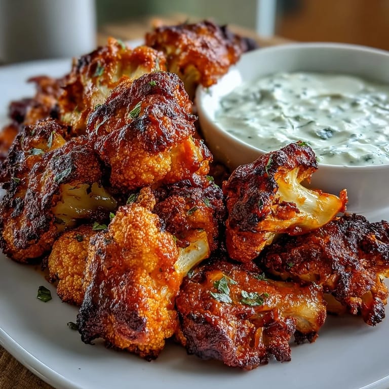Golden-brown buffalo cauliflower bites paired with cool, garlicky ranch yogurt for a low-carb appetizer.