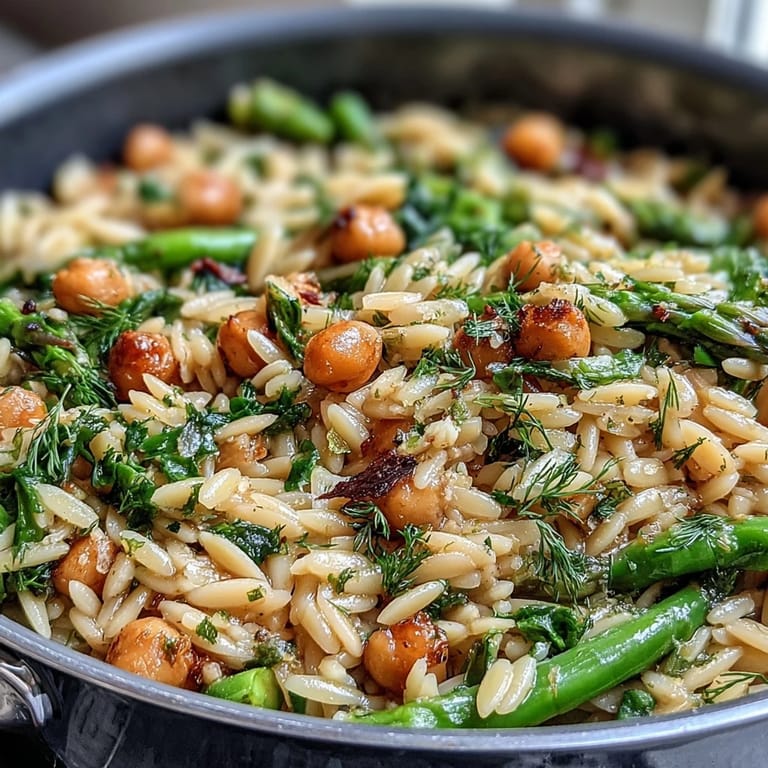 Creamy Mediterranean-inspired orzo pasta dish with chickpeas, asparagus, and zucchini, brightened by lemon and dill.  