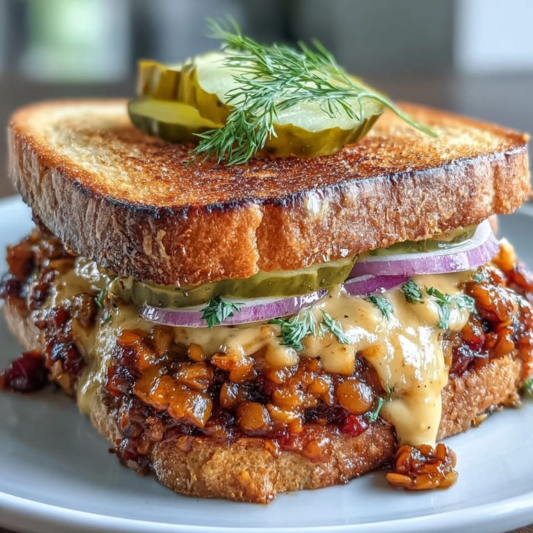 Savory lentil sloppy joe mixture piled high on crisp sourdough, drizzled with luscious vegan cheese sauce and garnished with red onion.  