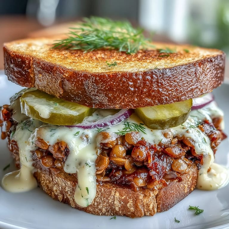 Comforting vegan cheeseburger lentil sloppy joes served open-faced on toasted sourdough with melty dairy-free cheese and crunchy pickles.