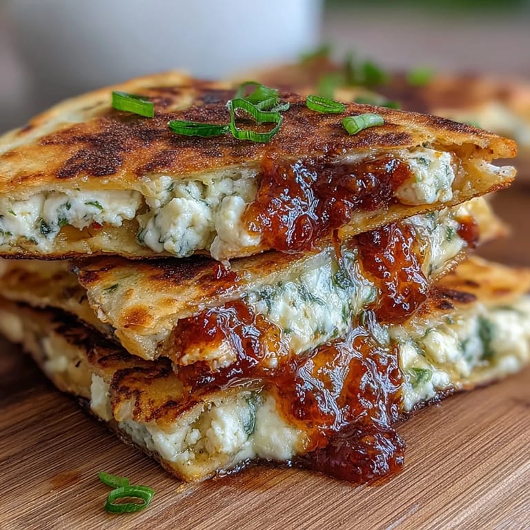 Crispy quesadilla stuffed with creamy goat cheese, chili jam, and fresh greens, perfect for a quick vegetarian meal or appetizer.