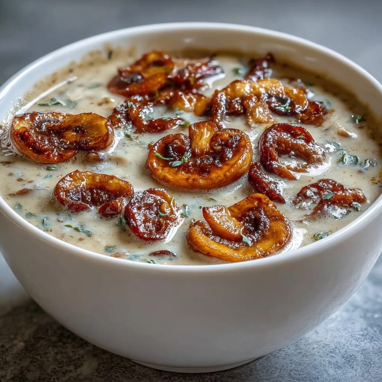 Rich and comforting Creamy Mushroom & Cardamom Soup, garnished with fresh herbs and a swirl of cream.  