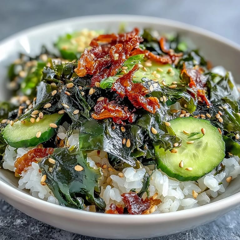 Savory and refreshing seaweed rice bowl with toasted sesame seeds, furikake, and pickled ginger for added umami.  