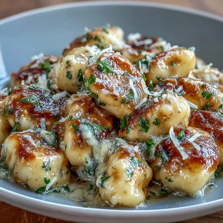 Decadent Italian gnocchi dish featuring rich truffle butter and delicate Parmesan curls.