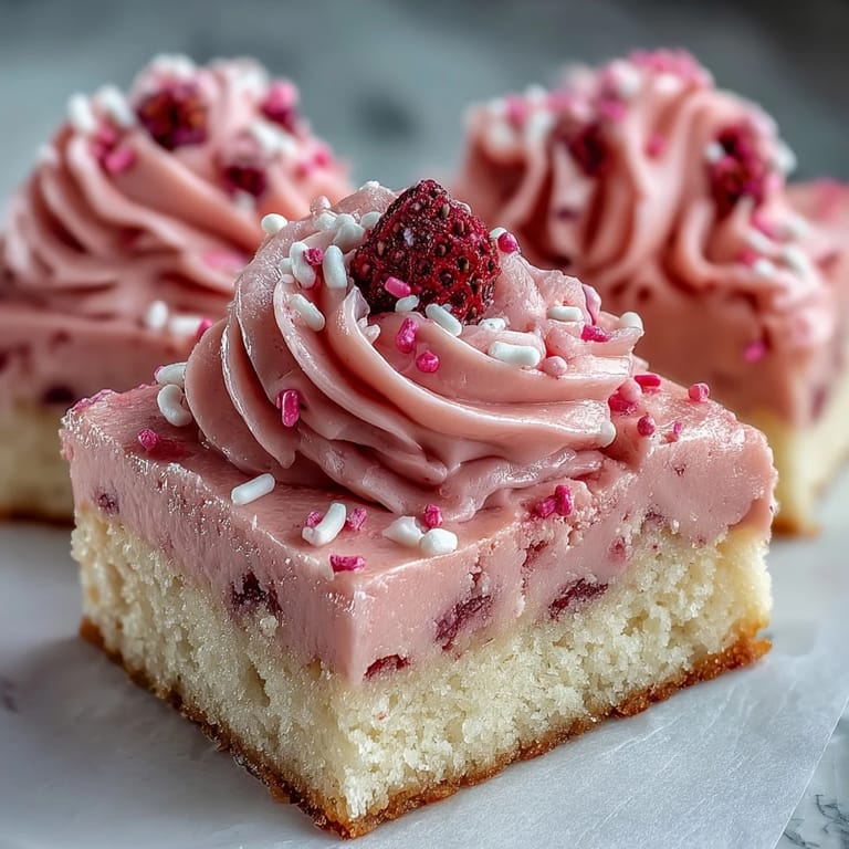 Buttery sugar cookie bars with a layer of naturally flavored strawberry frosting, cut into squares and ready to serve.