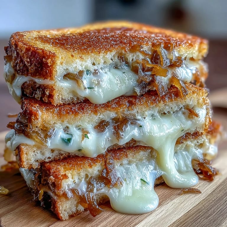 Crispy sourdough bread grilled to perfection, stuffed with layers of gooey cheese and deeply caramelized onions for a comforting gourmet grilled cheese experience.