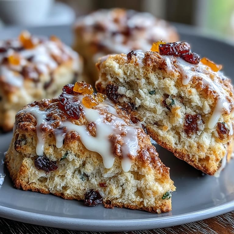 3. Warm scones packed with chewy cranberries and fragrant candied orange, served fresh from the oven with a drizzle of citrus glaze.