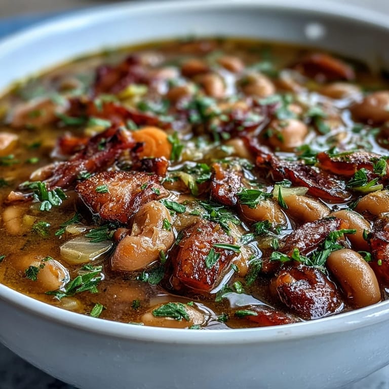 Homemade ham bone bean soup with smoky paprika, showcasing hearty beans, vegetables, and a flavorful ham bone centerpiece.  