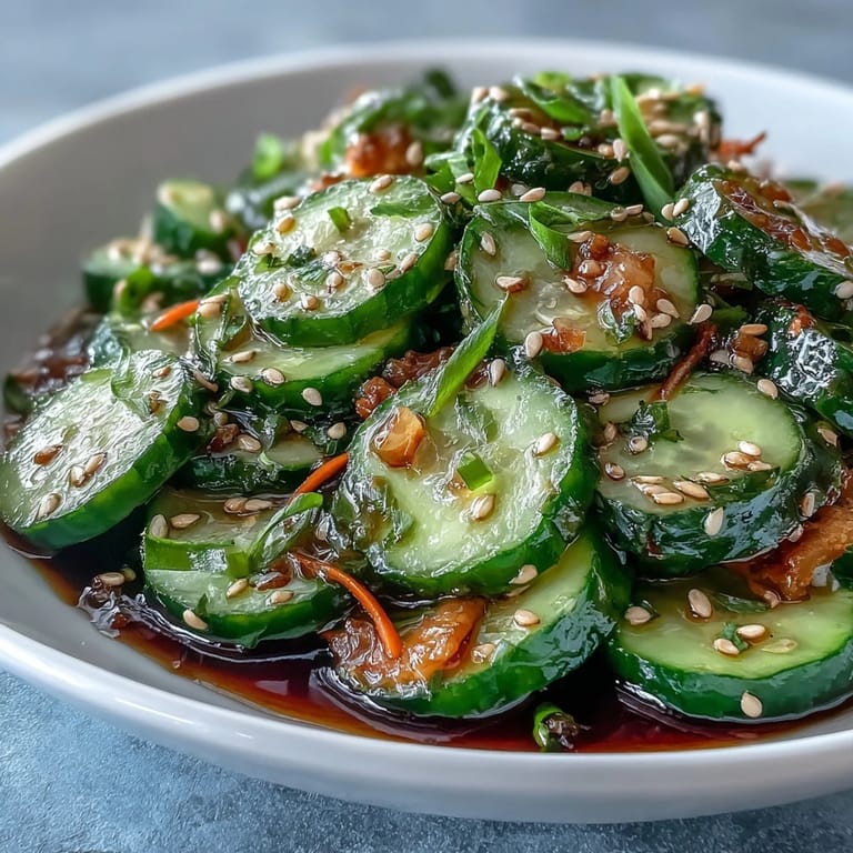 Crunchy cucumbers tossed in tangy soy-sesame dressing, served as a refreshing vegan side dish.