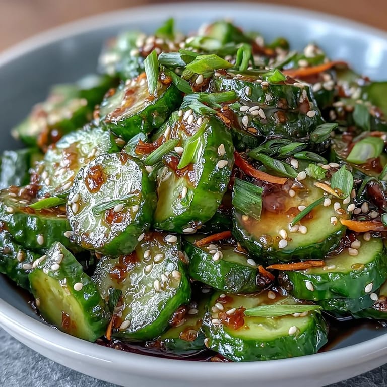 Vibrant cucumber salad with a savory soy-sesame dressing, topped with sesame seeds and chili for a kick.