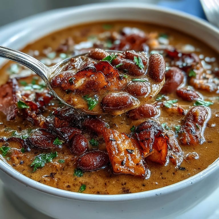 Traditional ham and red bean soup served over rice, garnished with green onions and fresh parsley.