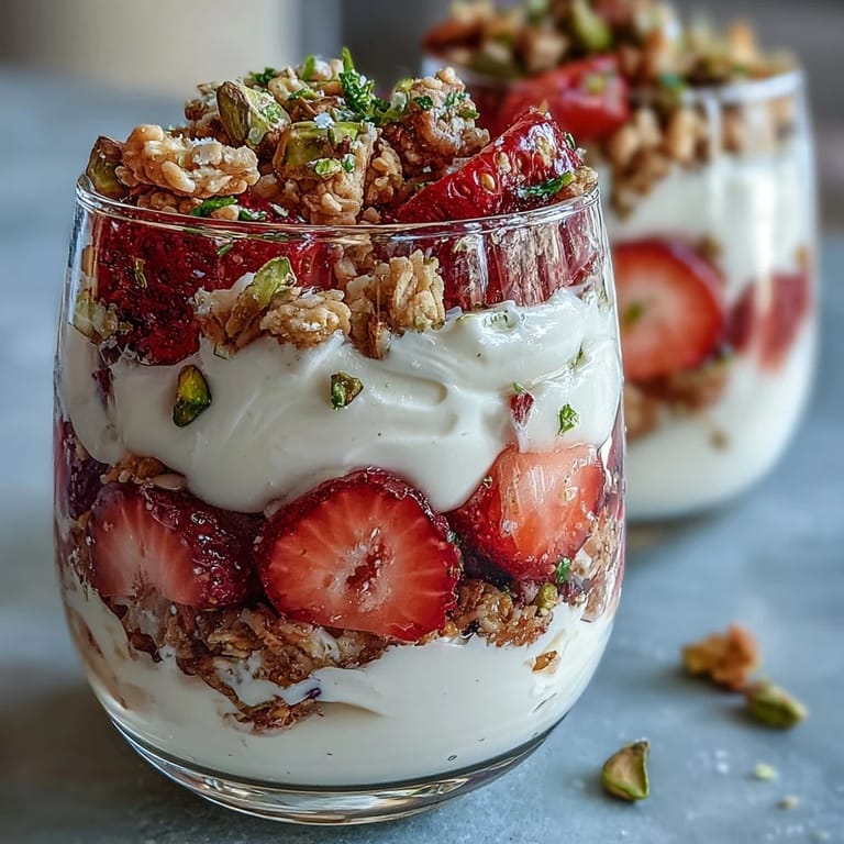 Bright red strawberries, green pistachios, and golden granola create a colorful parfait layered with vanilla yogurt.