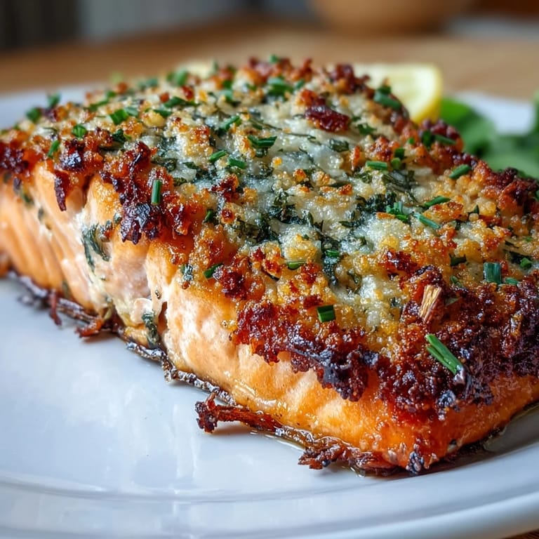 Tender salmon fillets topped with savory garlic-Parmesan crust, roasted to perfection alongside crisp broccoli florets and fresh lemon wedges.