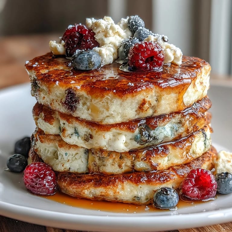 Hearty cottage cheese and berry pancakes, rich in protein and bursting with fresh fruit flavor, ideal for post-workout.