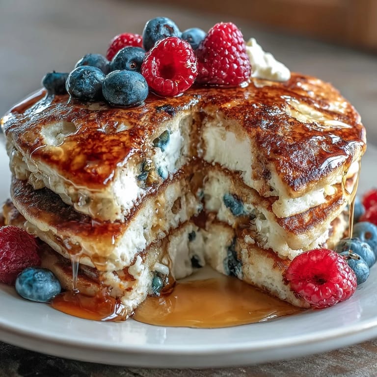 Golden-brown cottage cheese pancakes topped with juicy berries, perfect for a high-protein, vegetarian morning meal.  