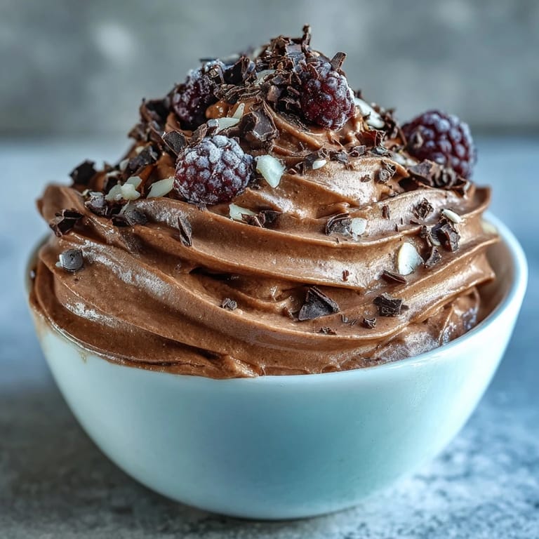 Creamy chocolate mousse made with cottage cheese and Greek yogurt, served in individual cups for a protein-packed dessert.  