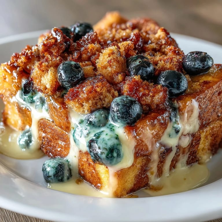 Warm Blueberry Sourdough French Toast Bake, custard-soaked sourdough topped with cinnamon sugar and fresh berries, ready to serve.