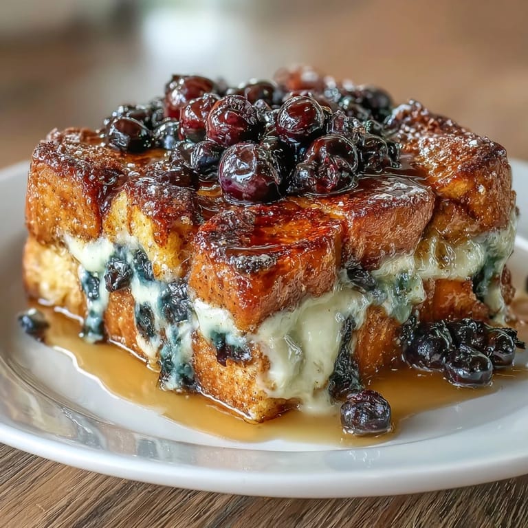 Make-ahead Blueberry Sourdough French Toast Bake, bursting with plump blueberries and baked to golden perfection for easy entertaining.