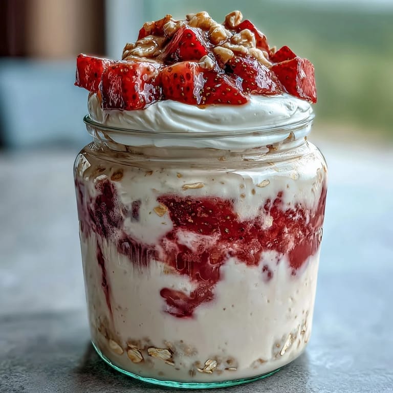 Mason jar breakfast featuring strawberry cheesecake overnight oats with chia seeds and maple syrup.  