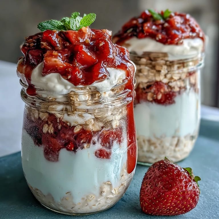 Creamy strawberry cheesecake overnight oats layered in glass jars with fresh fruit and graham cracker topping.