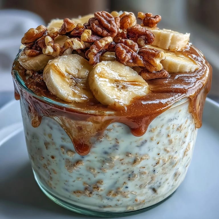 Wholesome breakfast jar featuring banana bread-inspired oats with Greek yogurt, cinnamon, and walnut crunch.  