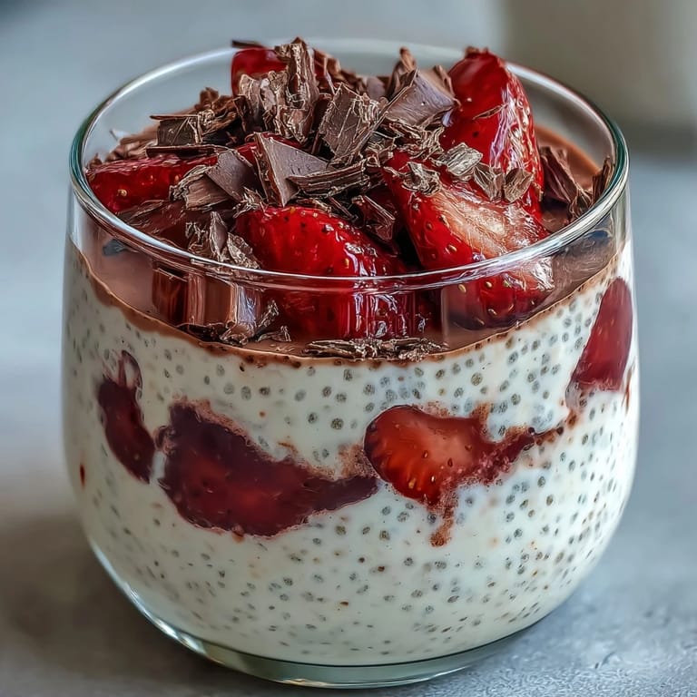 Velvety chia pudding blended with yogurt and vanilla, layered with juicy strawberries and finished with delicate dark chocolate shavings for a refreshing dessert.