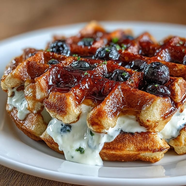 Crisp waffles bursting with fresh blueberries and tangy lemon, topped with sweet maple yogurt and a drizzle of syrup—perfect for breakfast.